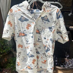 Vintage Aloha Print Short-Sleeve Shirt - White with Blue & Orange